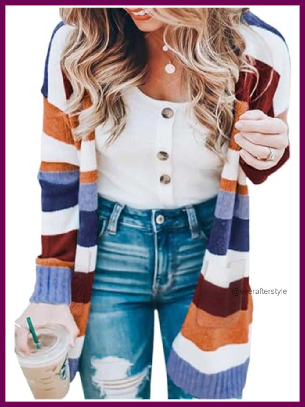 ECOWISH Women's Knitted Open Front Striped Cardigan Sweater with Pockets Long